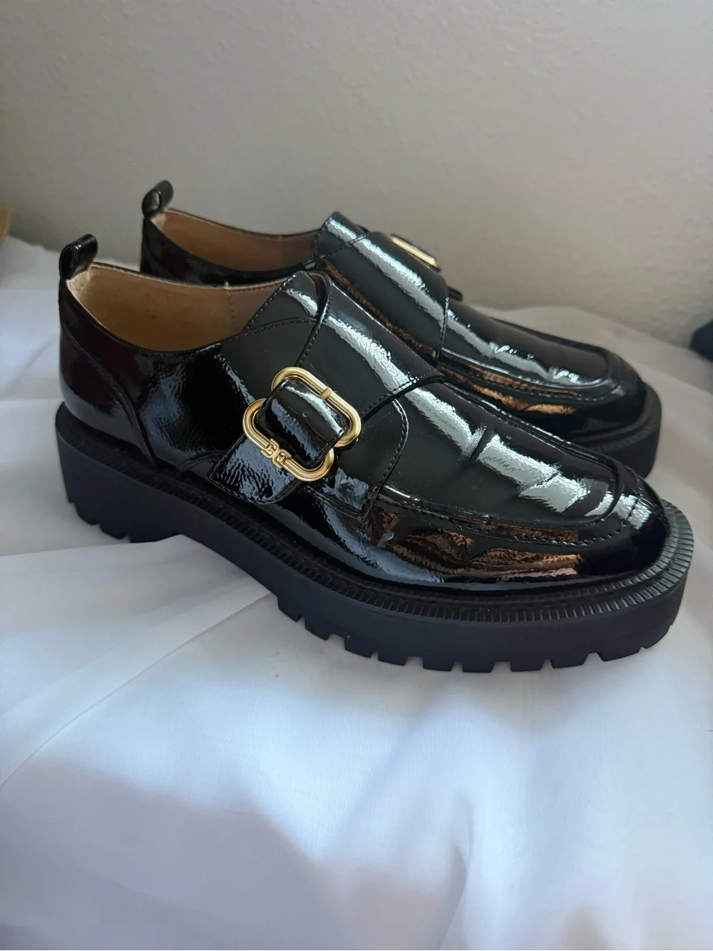 Sam Edelman Lora Black Patent Leather Lug Sole Monk Strap Loafers Women’s 9